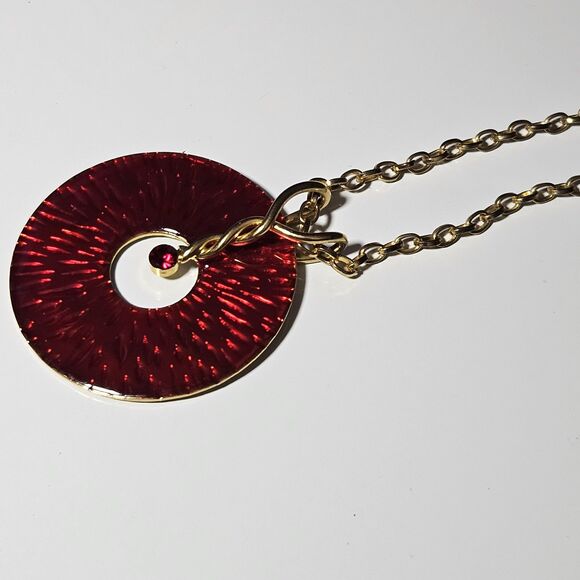 Gold Tone Red Enamel Circular Pendant With Red Rhinestone Accent Necklace 16 To - Picture 11 of 14